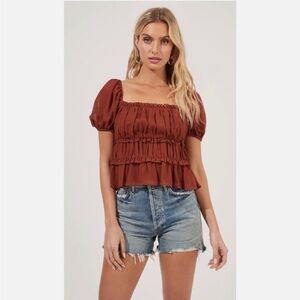 ASTR The Label Nutmeg Ruched Ruffle Short Sleeve Chiffon Top